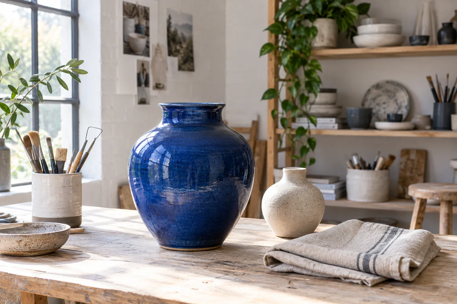 Blue ceramic vessels arranged in a bright studio, the project-owned source image used throughout this example.